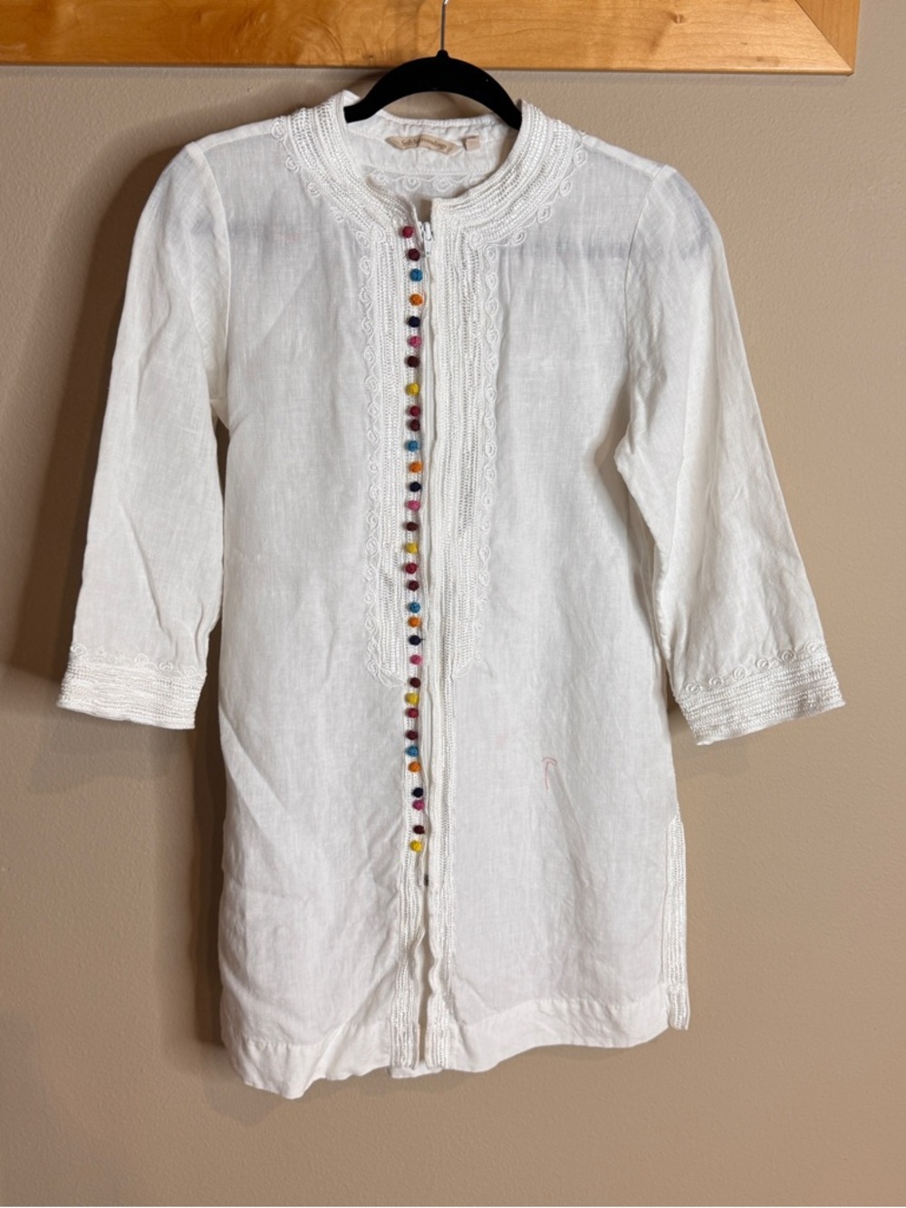 Soft Surroundings White Linen Tunic with Multicolor Button Trim